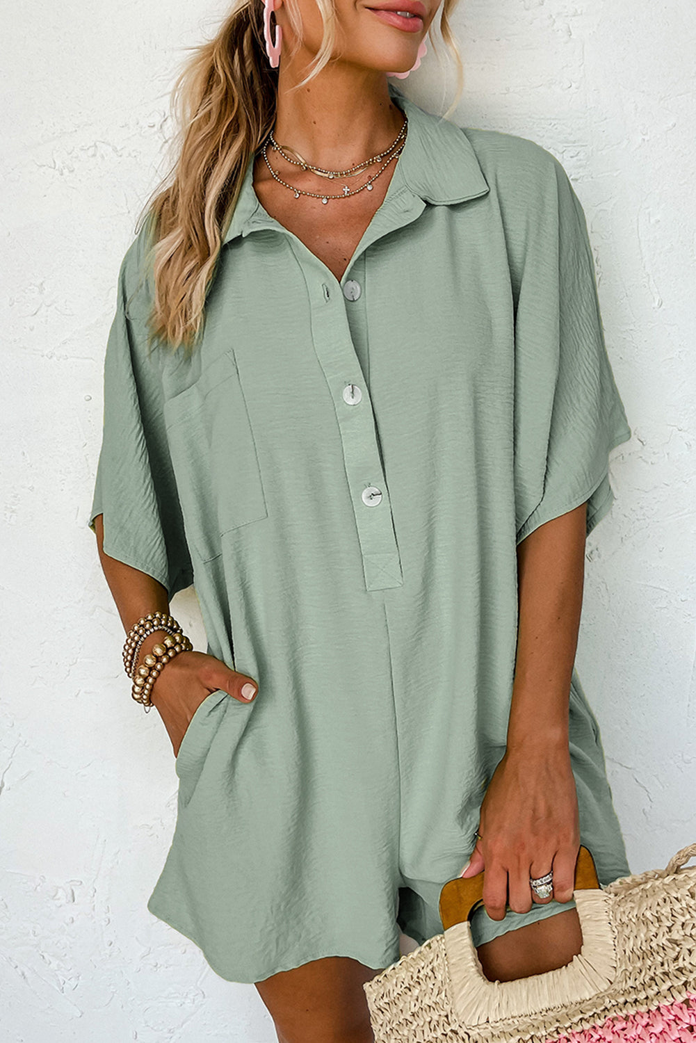 Combishort casual multi-poches à col chemise
