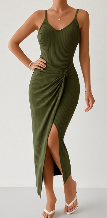 Robe Fendue Côtelée à Twist