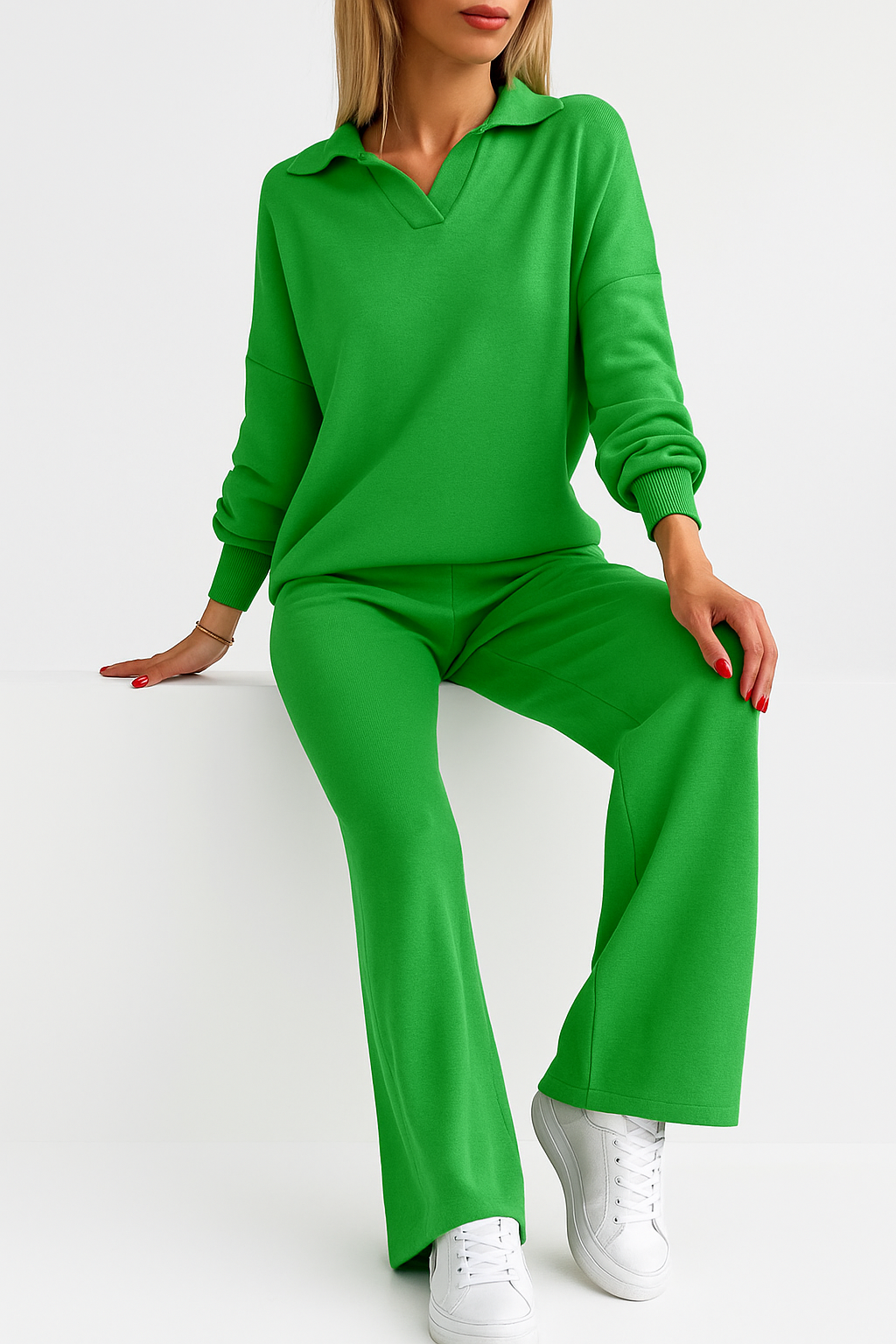 "Calme assuré" – Ensemble pull col ouvert et pantalon fluide