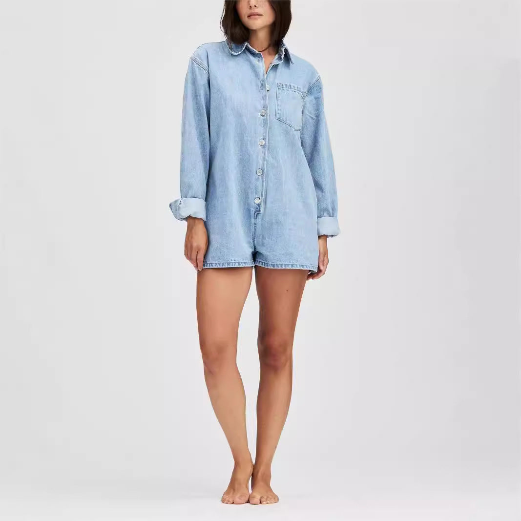 Combishort en denim à col chemise