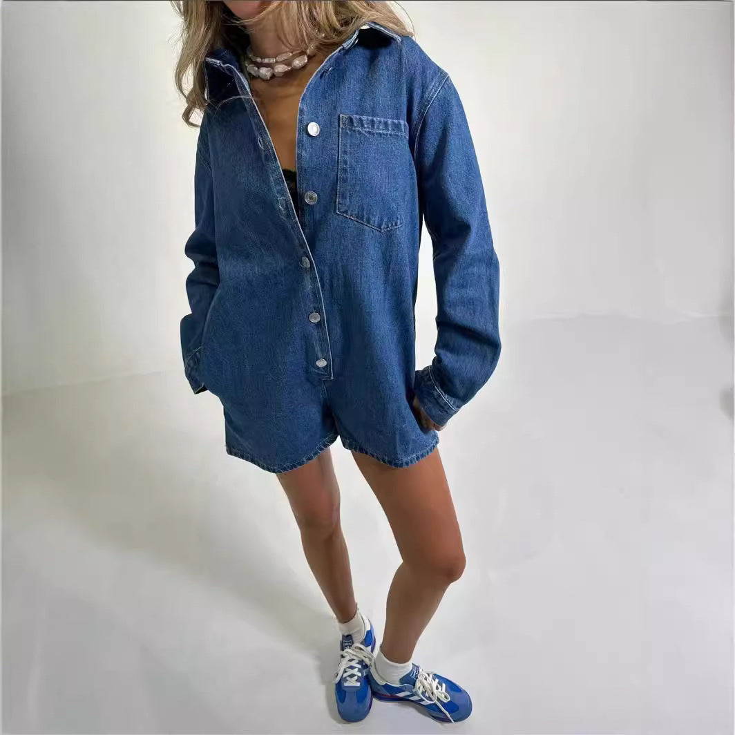 Combishort en denim à col chemise