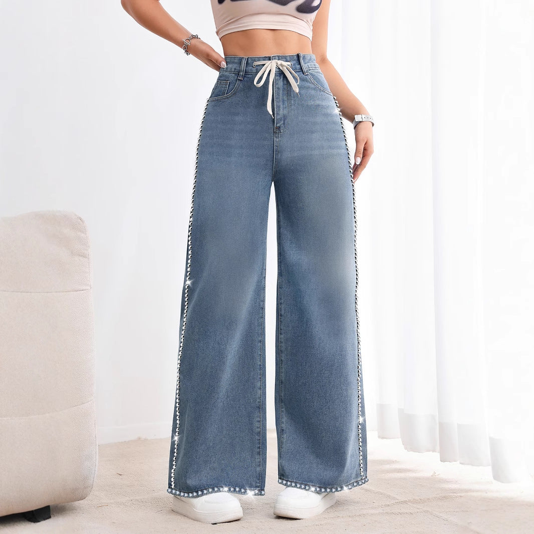 Beaded Jeans Gray Vintage High Waist Straight Denim Trousers Jeans